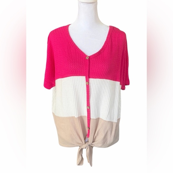 ADORA Tops - Adora Colorblock Waffle Knit Tie Front Top